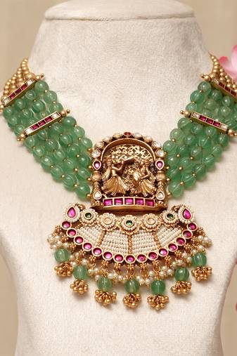 Gold plated kundan green stones necklace set
