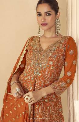 orange ready-to-wear heavy georgette embroidered salwar kameez with palazzo & dupatta elegant party wear 2