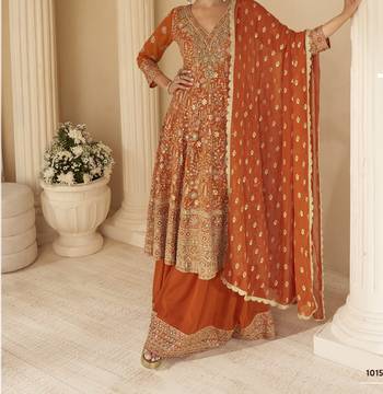 orange ready-to-wear heavy georgette embroidered salwar kameez with palazzo & dupatta elegant party wear 3