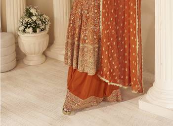 orange ready-to-wear heavy georgette embroidered salwar kameez with palazzo & dupatta elegant party wear 4
