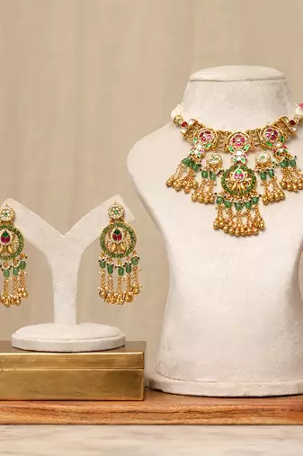 Gold plated kundan multicolor stones necklace set