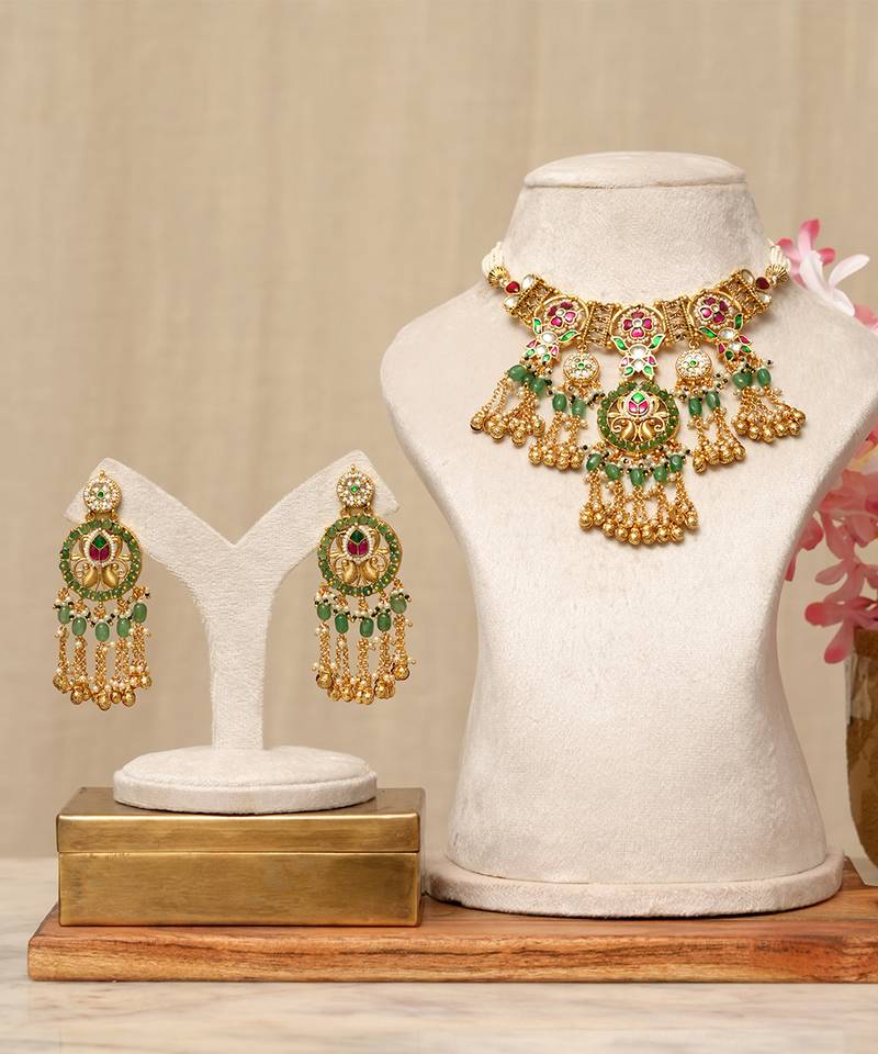 Gold plated kundan multicolor stones necklace set
