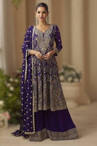 purple ready-to-wear heavy georgette embroidered salwar kameez with palazzo & dupatta elegant party wear