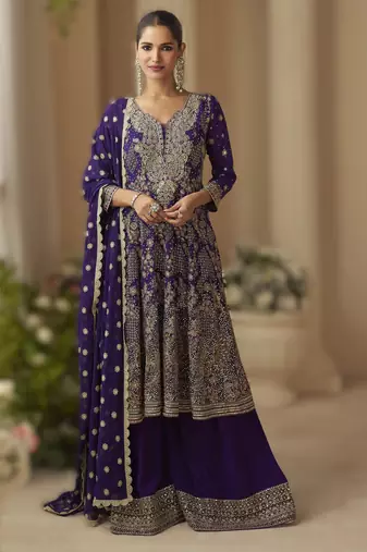 purple ready-to-wear heavy georgette embroidered salwar kameez with palazzo & dupatta elegant party wear