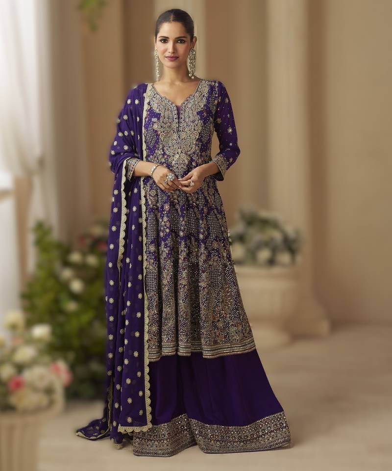 purple ready-to-wear heavy georgette embroidered salwar kameez with palazzo & dupatta elegant party wear