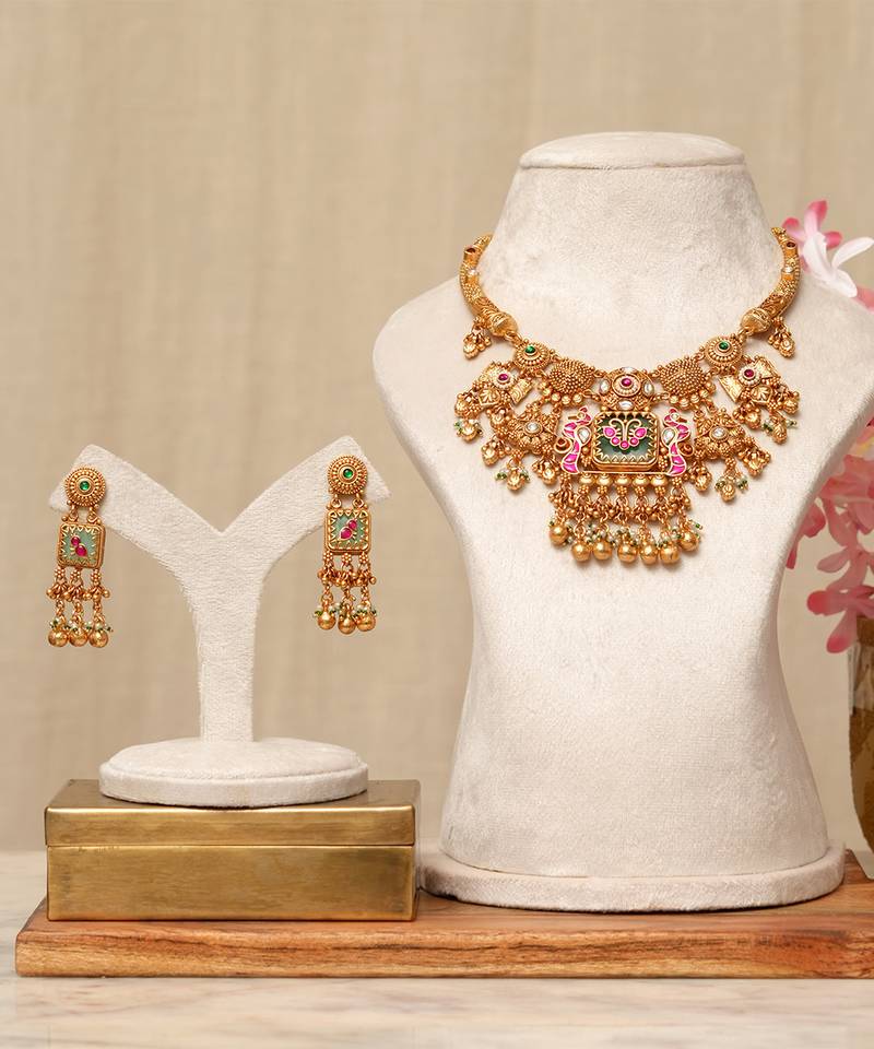 Gold plated kundan multicolor stones necklace set