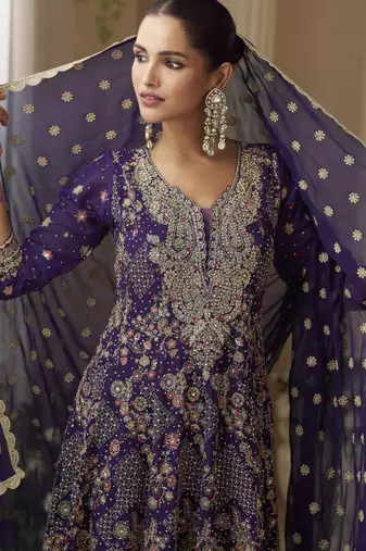 purple ready-to-wear heavy georgette embroidered salwar kameez with palazzo & dupatta elegant party wear