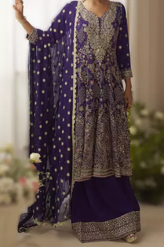 purple ready-to-wear heavy georgette embroidered salwar kameez with palazzo & dupatta elegant party wear