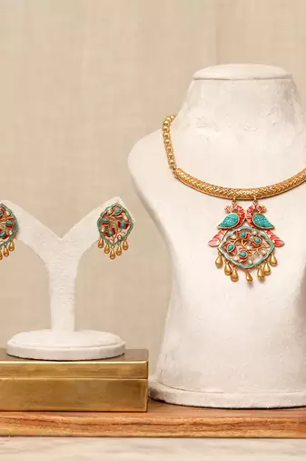 Gold plated kundan multicolor stones necklace set
