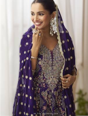 purple ready-to-wear heavy georgette embroidered salwar kameez with palazzo & dupatta elegant party wear 4