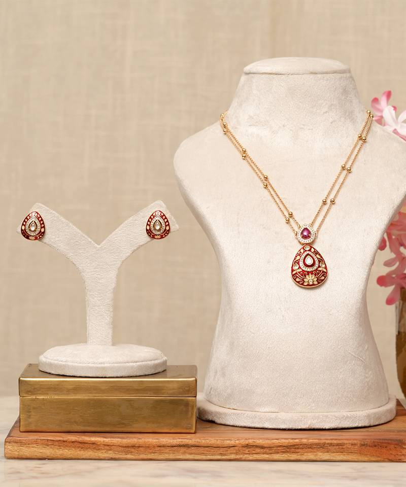 Gold plated kundan red stones with meenakari necklace set