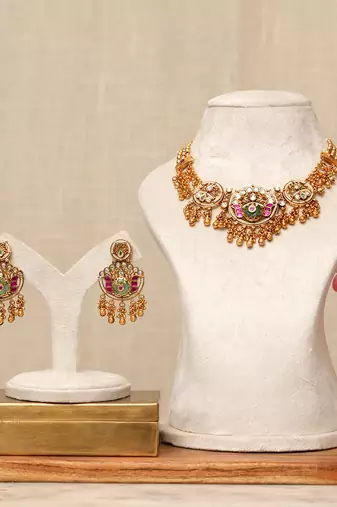 Gold plated kundan multicolor stones necklace set