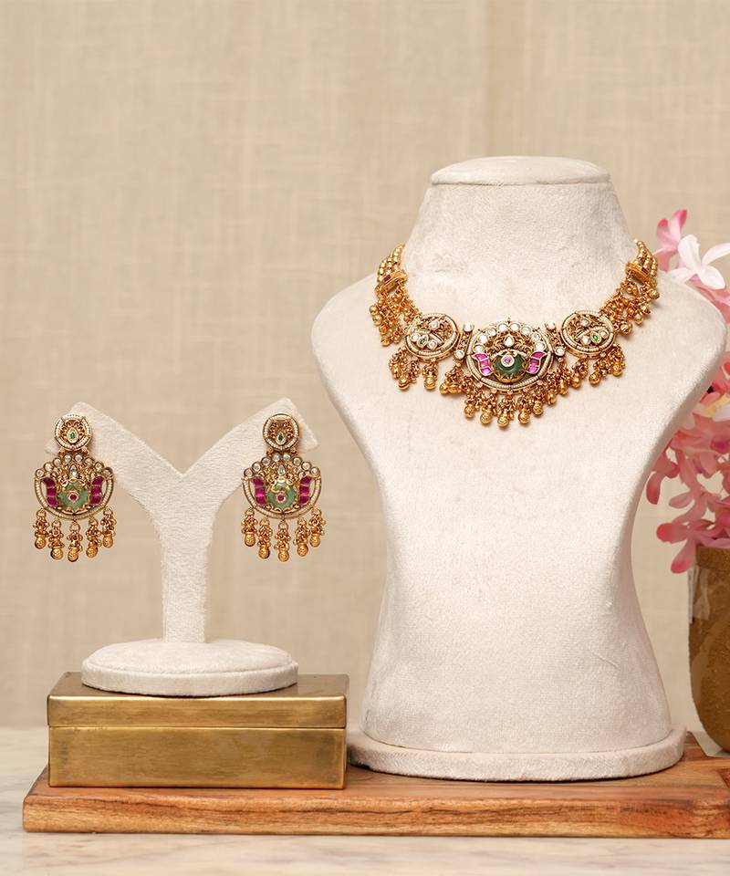 Gold plated kundan multicolor stones necklace set