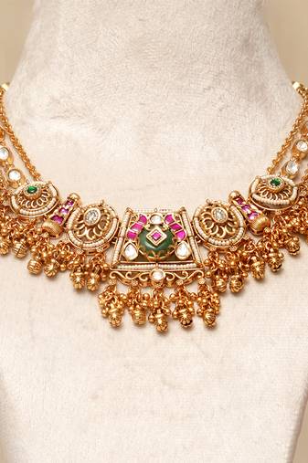 Gold plated kundan multicolor stones necklace set