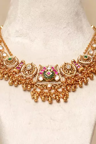 Gold plated kundan multicolor stones necklace set