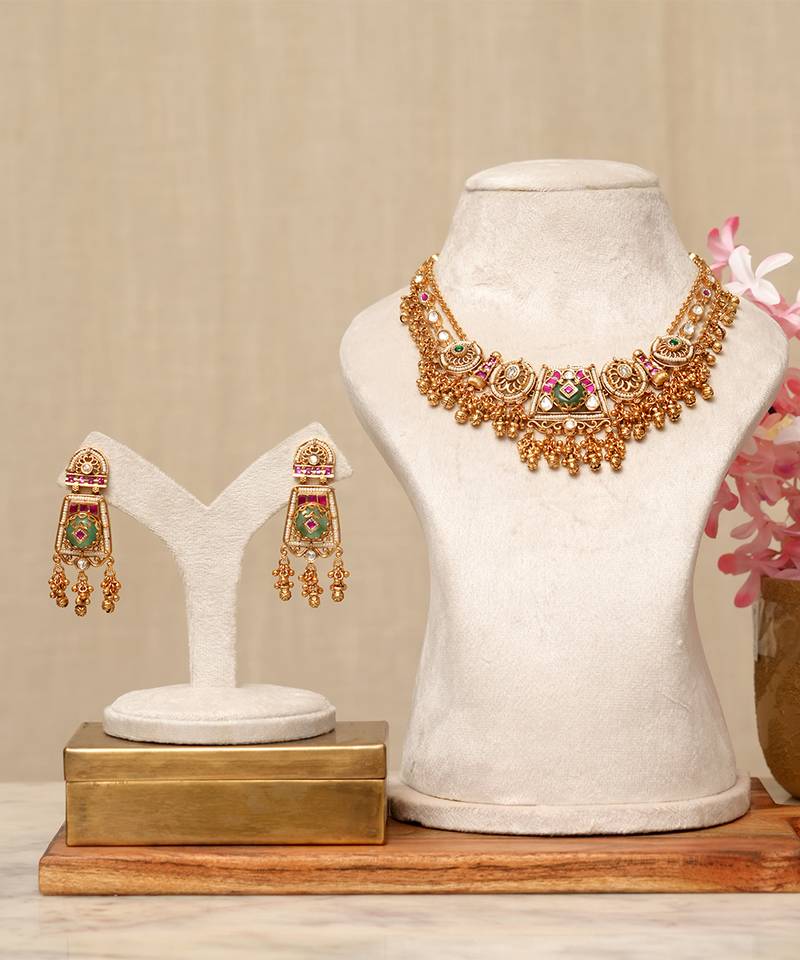 Gold plated kundan multicolor stones necklace set