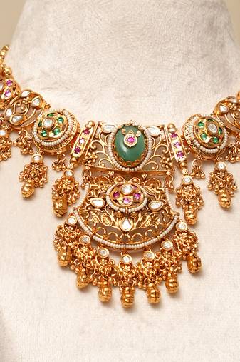 Gold plated kundan green stones necklace set