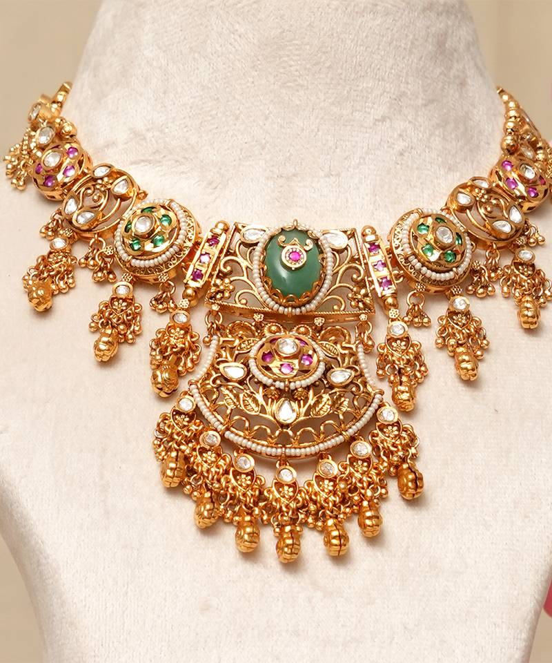 Gold plated kundan green stones necklace set