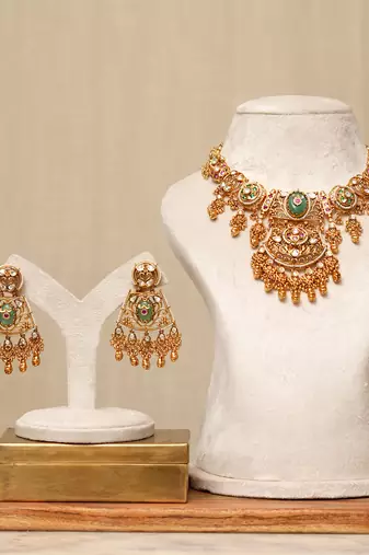 Gold plated kundan green stones necklace set