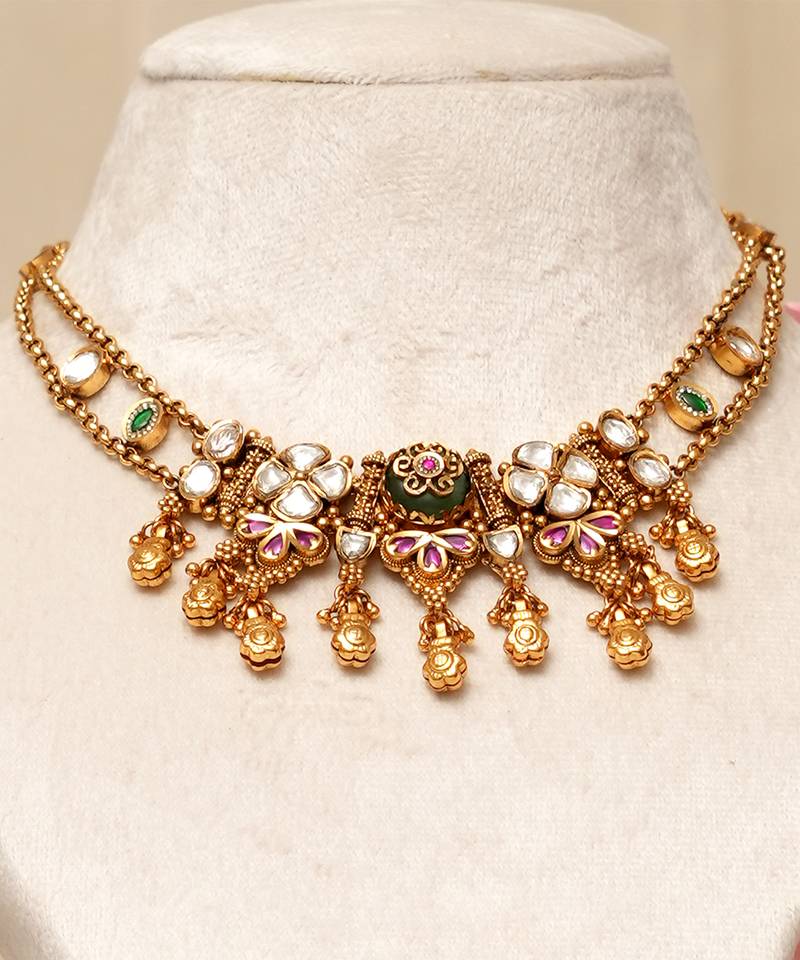 Gold plated kundan multicolor stones necklace set