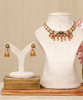 Gold plated kundan multicolor stones necklace set 1