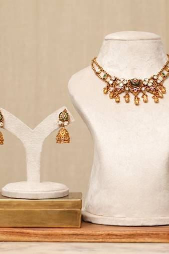 Gold plated kundan multicolor stones necklace set