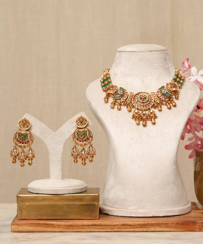 Gold plated kundan multicolor stones necklace set
