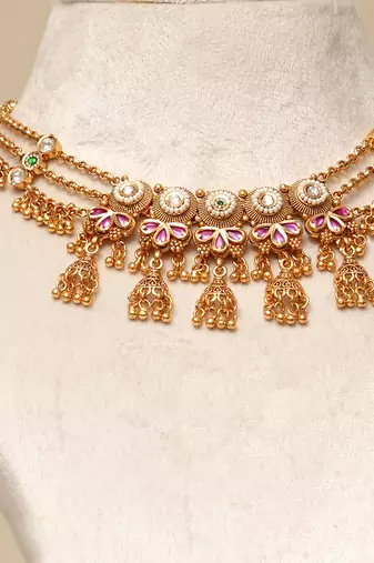 Gold plated kundan red stones necklace set