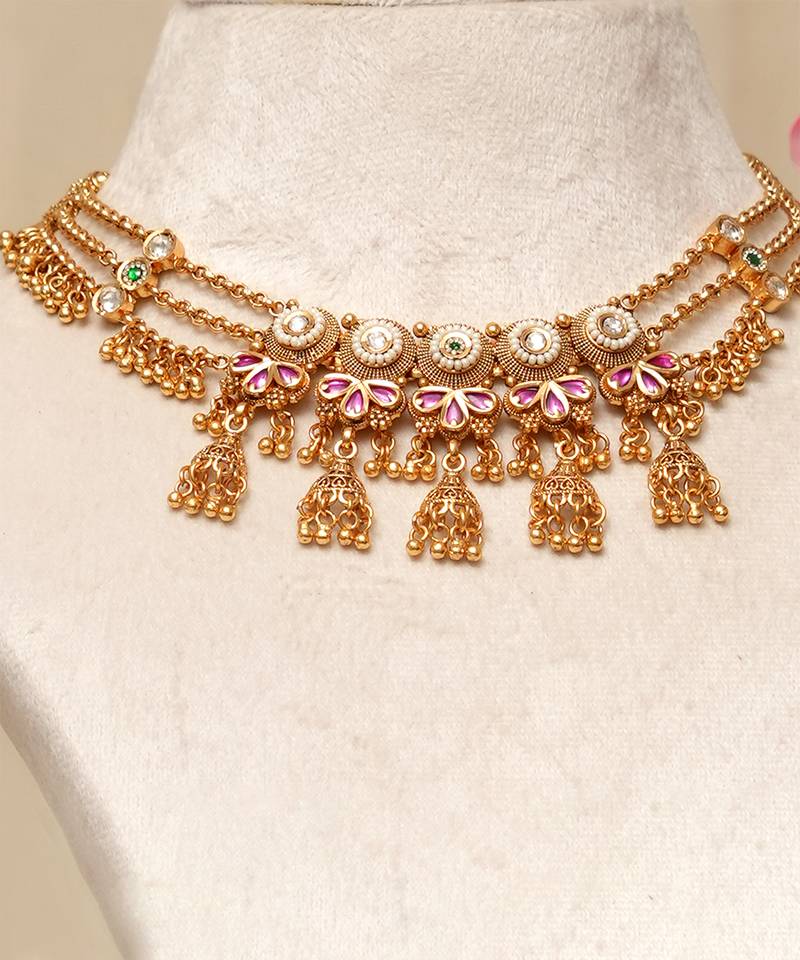 Gold plated kundan red stones necklace set