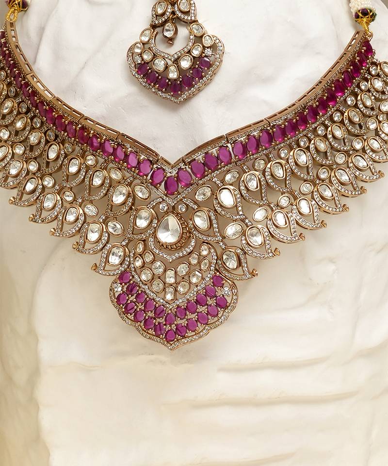 Gold plated kundan red stones necklace set