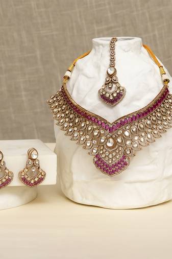 Gold plated kundan red stones necklace set