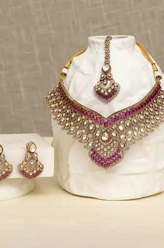 Gold plated kundan red stones necklace set