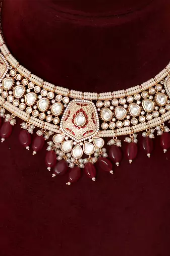 Gold plated kundan red stones necklace set