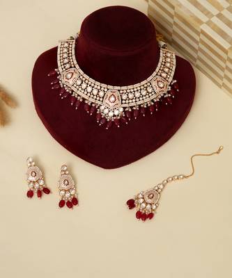 Gold plated kundan red stones necklace set 1