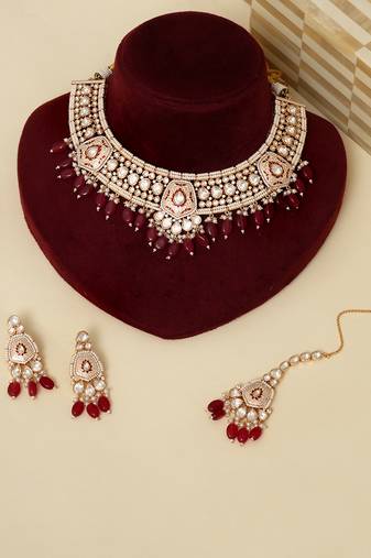Gold plated kundan red stones necklace set