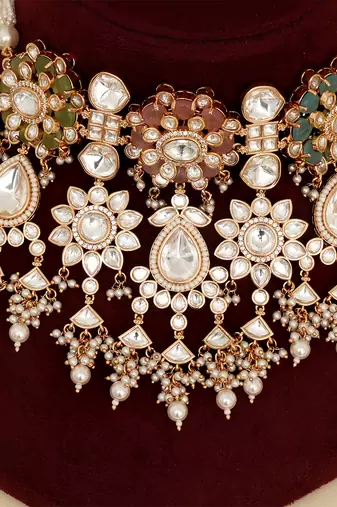 Gold plated kundan multicolor stones necklace set