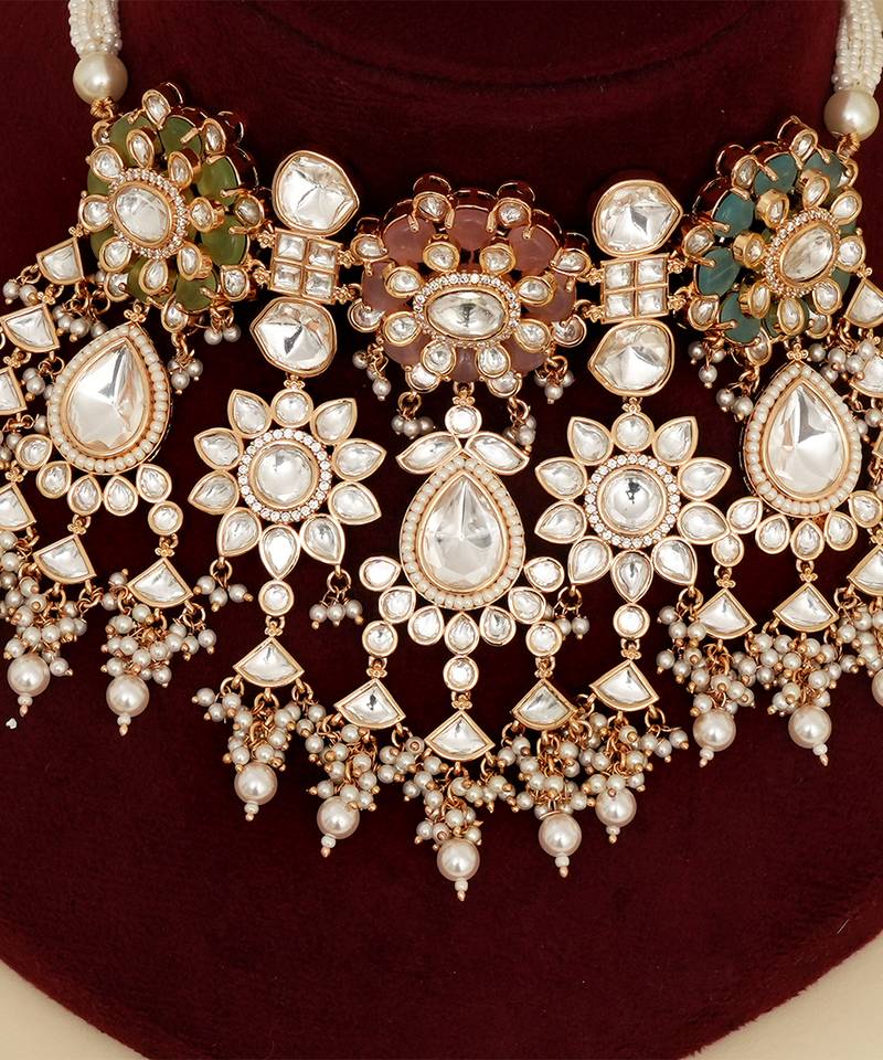 Gold plated kundan multicolor stones necklace set