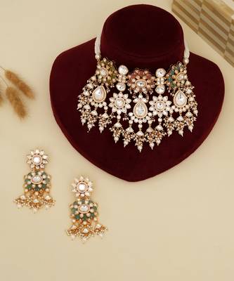 Gold plated kundan multicolor stones necklace set 1