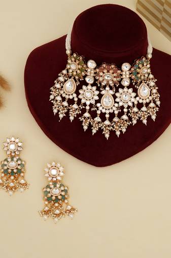 Gold plated kundan multicolor stones necklace set
