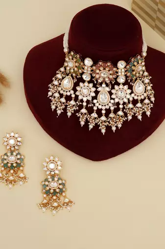 Gold plated kundan multicolor stones necklace set