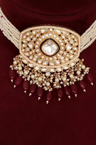 Gold plated kundan red stones necklace set