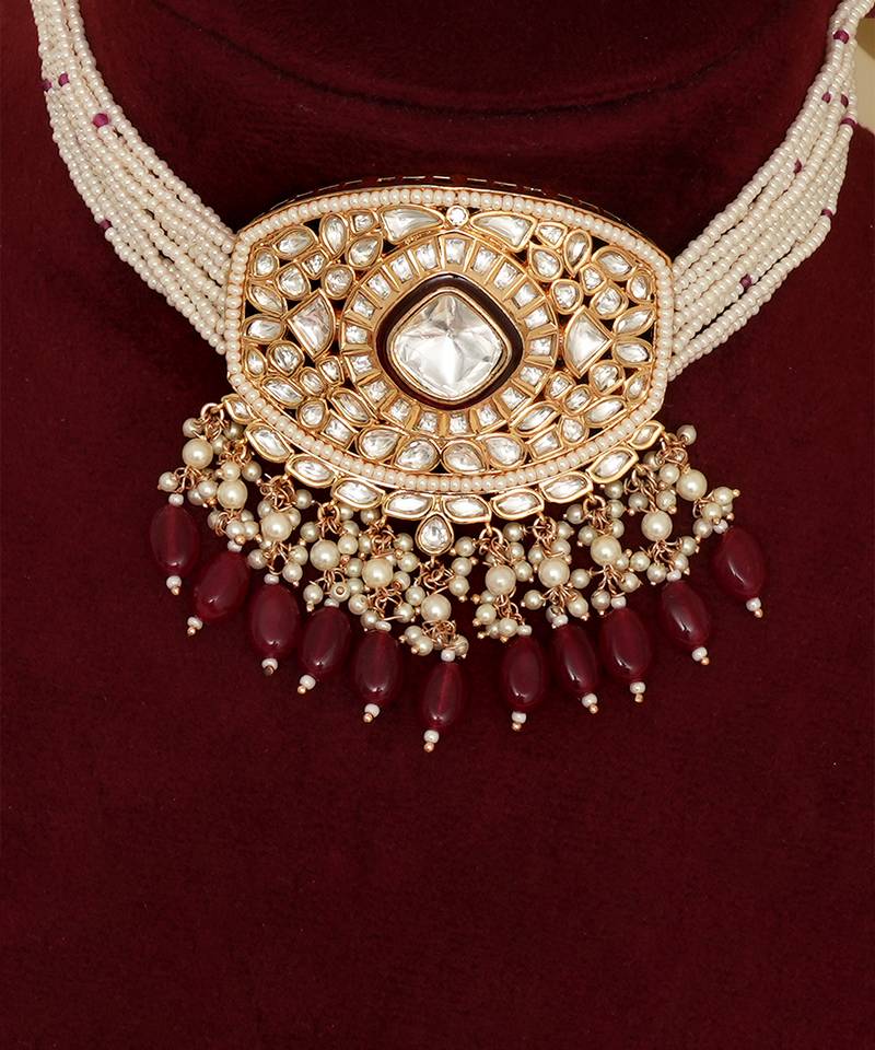 Gold plated kundan red stones necklace set
