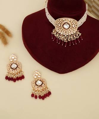 Gold plated kundan red stones necklace set 1