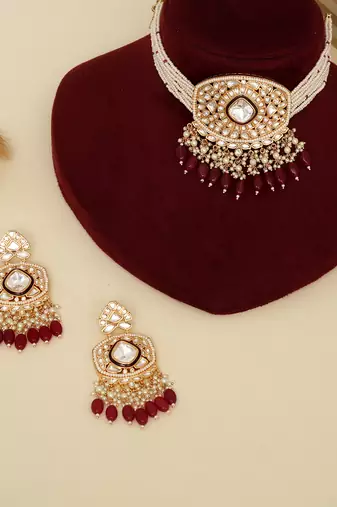 Gold plated kundan red stones necklace set