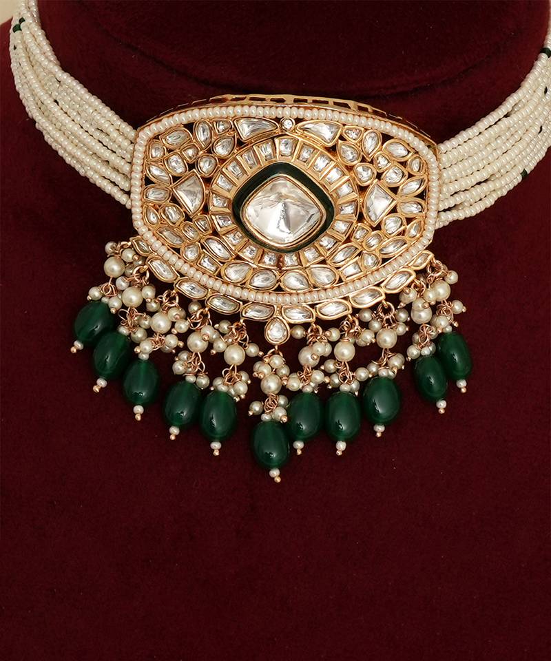 Gold plated kundan green stones necklace set