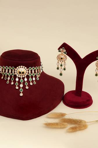 Gold plated kundan green stones necklace set