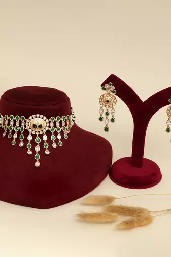Gold plated kundan green stones necklace set