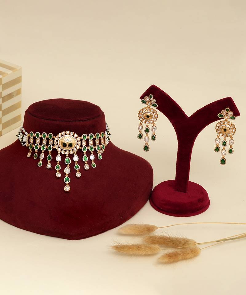 Gold plated kundan green stones necklace set