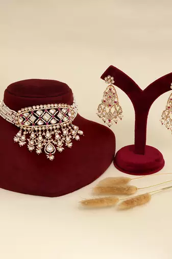 Gold plated kundan red stones necklace set