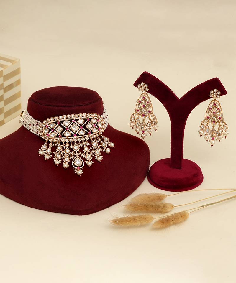 Gold plated kundan red stones necklace set